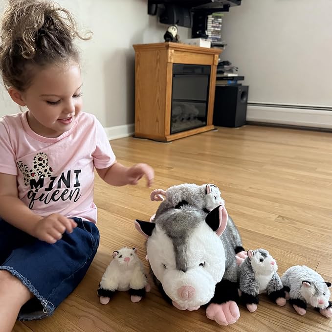 Tezituor 5Pcs Opossum Stuffed Animals Set, 24 Inch Large Mommy Stuffed Opossum Plush with 4 Cute Babies Toy, Realistic Possum Plush Pillow for Girls Boys