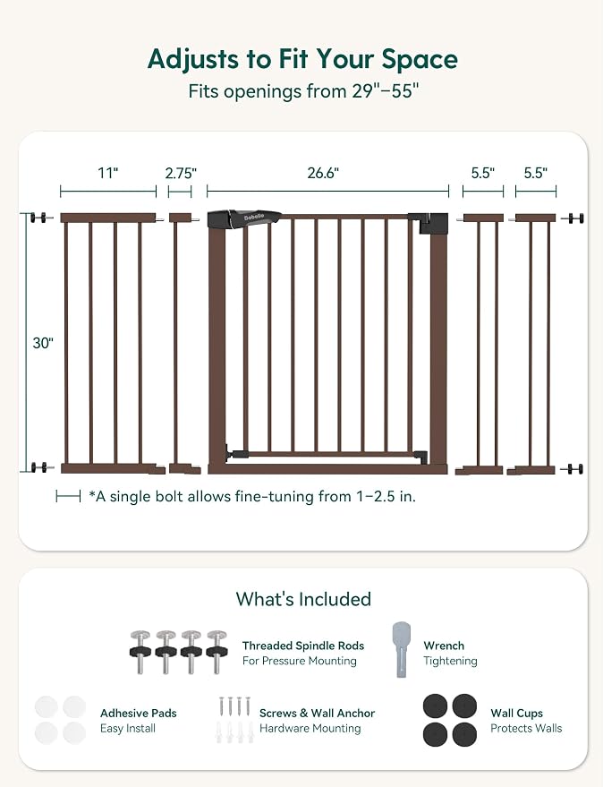Babelio 29-55" Extra Wide Baby Gate for Stairs & Doorways, Metal Auto Close Pressure Mounted Child & Pet Safety Gate, Easy Install NO Need Tools and Drilling for Indoor Use, Brown