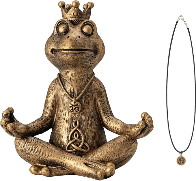 Meditating Zen Frog Statue Decor with Bonus Om Necklace - 5.8" Hand-Painted Resin Figurine - Yoga Room, Office Desk & Shelf Ornaments - Mindful Spiritual Gift for Women & Yoga Lovers（Gold）