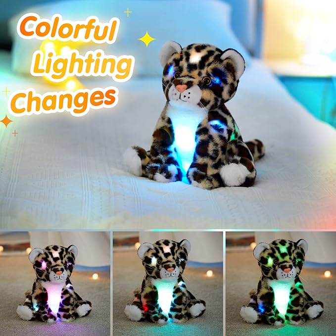 BSTAOFY 10’’ Light up Cheetah Stuffed Animal, Plush LED Leopard Plush Night Light, Companion Bedtime Jungle Toys Glow Afraid of Dark, Valentines Birthday for Toddler Kids Boys