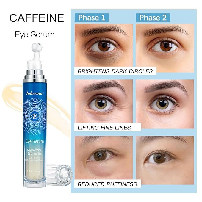 5% Caffeine Eye Serum with 360° Massage Roller Serum for Dark Circles & Relieve Puffiness, Reduce Wrinkles and Fine Lines, Bags, Tighten Lifting Under Eye Cream-0.5 OZ