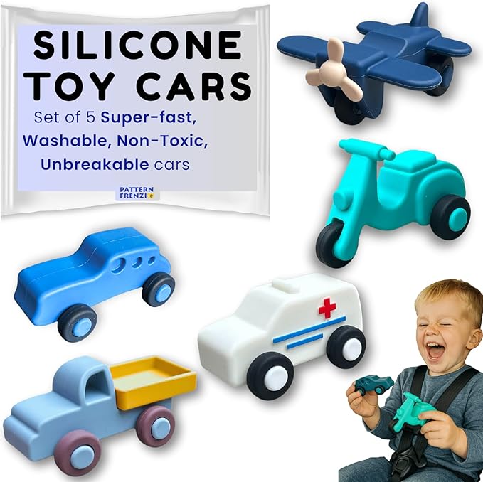 Silicone Toy Cars for Kids Ages 3+ – Soft, Safe Non-Toxic Silicone Cars with Smooth Rolling Wheels, Quiet Play 5-Piece Vehicle Set, Food Grade Silicone