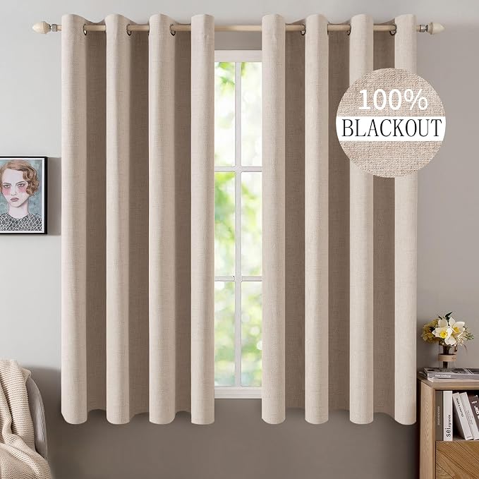 MIULEE Linen Textured Curtains for Bedroom Solid 100% Blackout Thermal Insulated Natural Beige Grommet Room Darkening Curtains & Drapes Luxury Decor for Living Room 52 x 63 Inch (2 Panels)