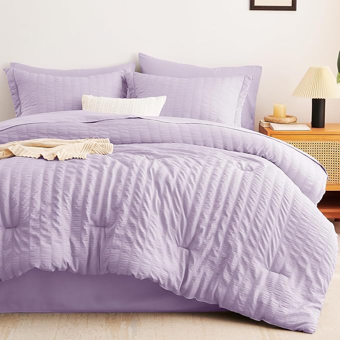 CozyLux Queen Comforter Set Light Purple Seersucker 7 Pieces Bed in a Bag Queen Comforter Set with Sheets, Lavender Luxury Bedding Sets with Down Alternative Comforter, Sheets, Pillowcases & Shams