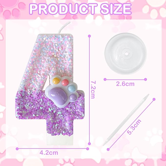 Pink Cat and Dog Paw Birthday Number Candles, Cupcake Decorations, Dog Theme Candles, Suitable for Party Celebrations, Birthday Decoration Supplies (Number 4)