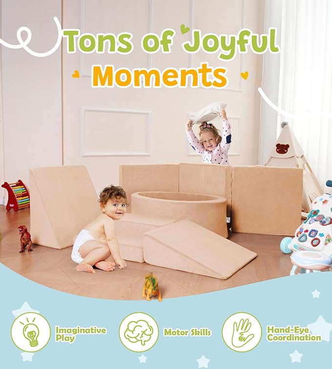 Elftopia Foam Climbing Blocks with Ball Pit & Stairs for Toddlers Aged 1-3 -Soft Playset for Indoor Crawling, Foam Playground Set for Baby to Active Playing Inside -(Balls NOT Included),Beige