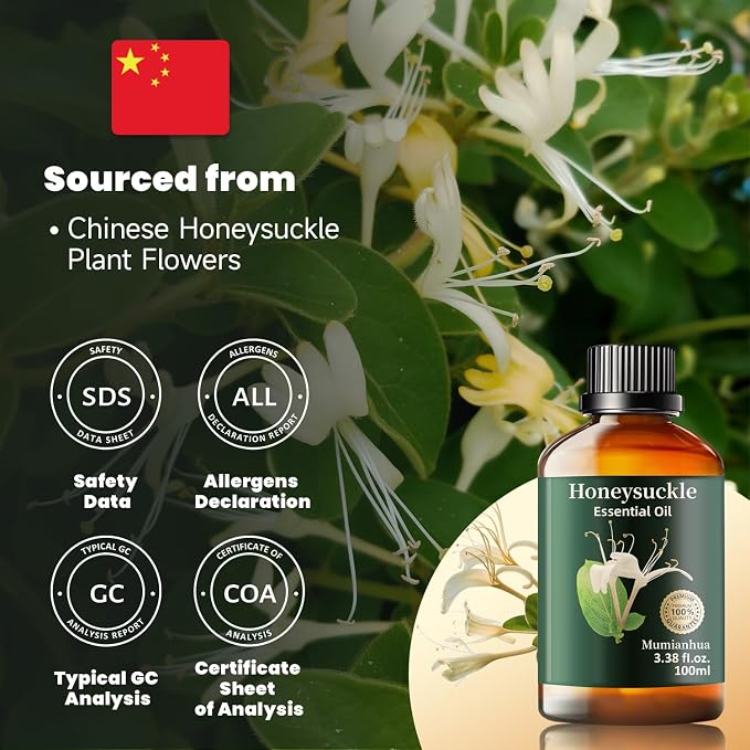 Honeysuckle Essential Oil, Calming Floral Aroma, Diffuser & DIY, 3.38 Fl Oz | Sweet Honey-Scented Bloom. Ideal for Evening Pillow Mist, Candle & Soap Making. Skin-Safe When Diluted. Add to Lotion & Bath