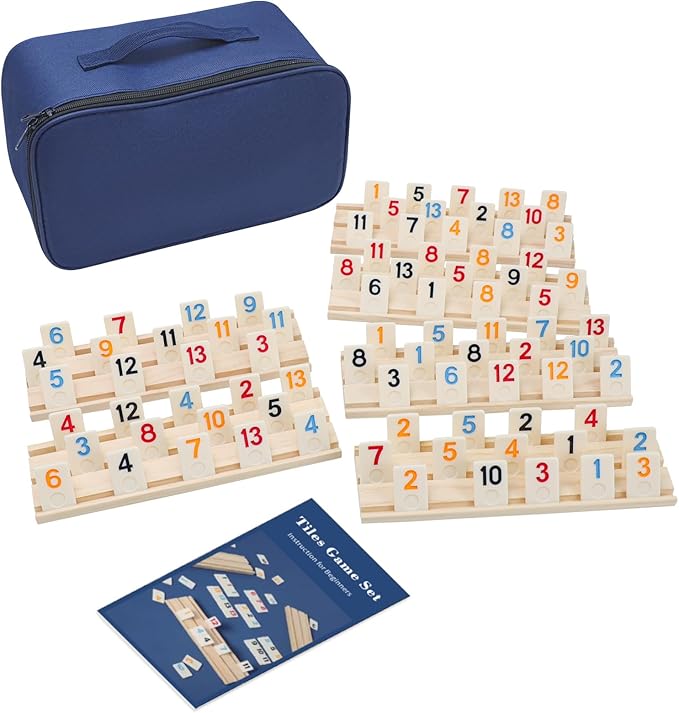 Rummy Cube 6 Player Edition with 6 Wooden Holders, 160 Large Numbers Rummy Tiles Set with Carrying Bag, Rummy Travel Game Set with 6 Tiles Racks