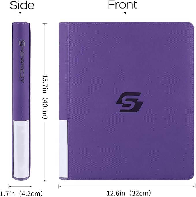 Snekdy Top loader Binder, 9 Pockets Top Loader，Holds 360 Top Loaders cards, Card binder with Sleeves for card in 3 x 4 inches color smooth Zipper PU Leather (Purple)