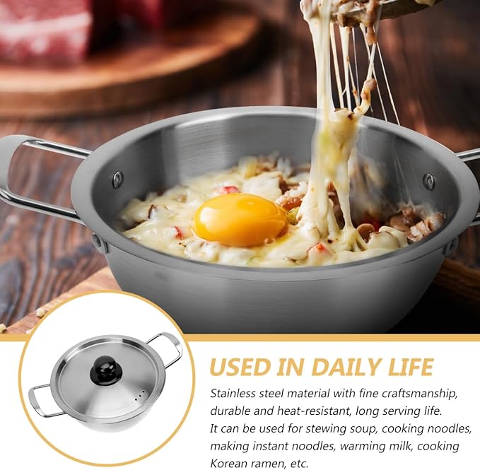 Yardwe Korean Ramen Pot with Lid Stainless Steel Instant Noodle Pot Double Handle Saucepan for Soup Milk Warming and Kitchen Cooking 10.03 X 7.08 X 3.54 in