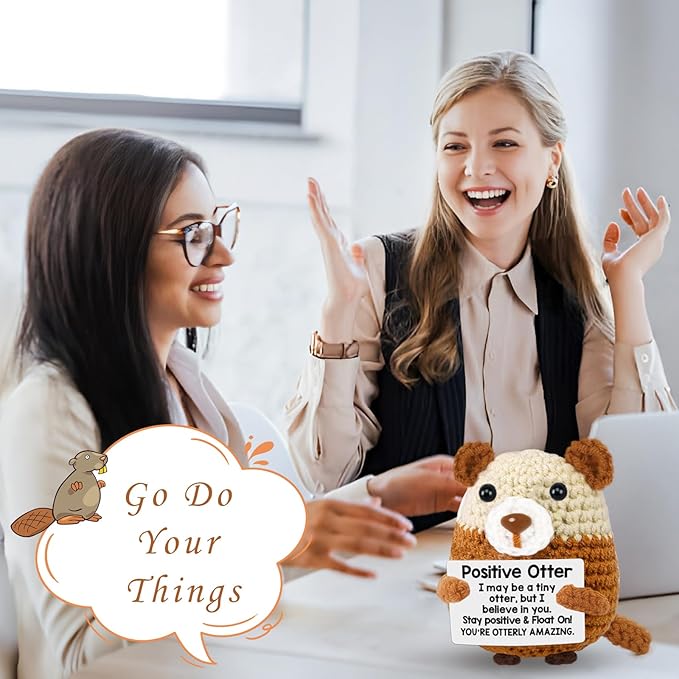 PARTY TONIGHT Positive Crochet Animals Otter Gifts, Mini Handmade Emotional Emotional Support Crochet Otter with Motivational Note Home Decor for Women Men Friend Birthday Christmas Graduation