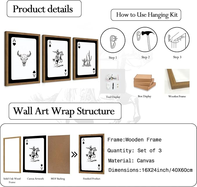 Western Cowboy Wall Art Set of 3 Cowboy Print Playing Card Inspired Southwestern Canvas Poster Trendy Western Wall Decor Longhorn Bull Skull Room Decor for Bedroom Living Room Framed 16x24 inch