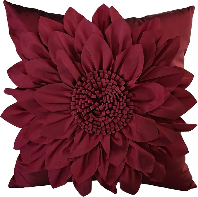 Burgundy Accent 3D Flower Decorative Throw Pillow Covers for Bed Sofa Couch | Bella's Giftshop Handmade Sunflower Taffeta Pillow Cases Living Room Bedroom Decor, 18x18 Inch