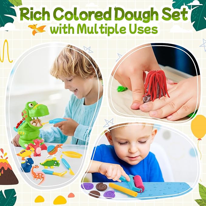 PLAY Dinosaur Clay Sets for Ages Kids 4-8 - Color Dough Toys with Dentist Play Set, 15 Dough Tool Set with Volcano, Dinosaur Footprint Roller and Tree, 2 oz Cans/6 Total, Multicolor