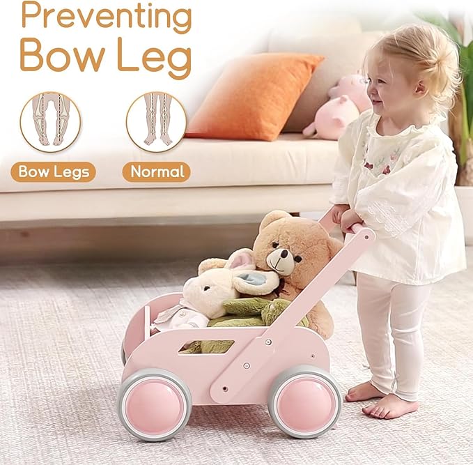 HOMEKOL Wooden Baby Push Walker, Pink | Adjustable Height, with Rubber Wheels, for Boys and Girls, Gift for Birthday, Christmas and New Year