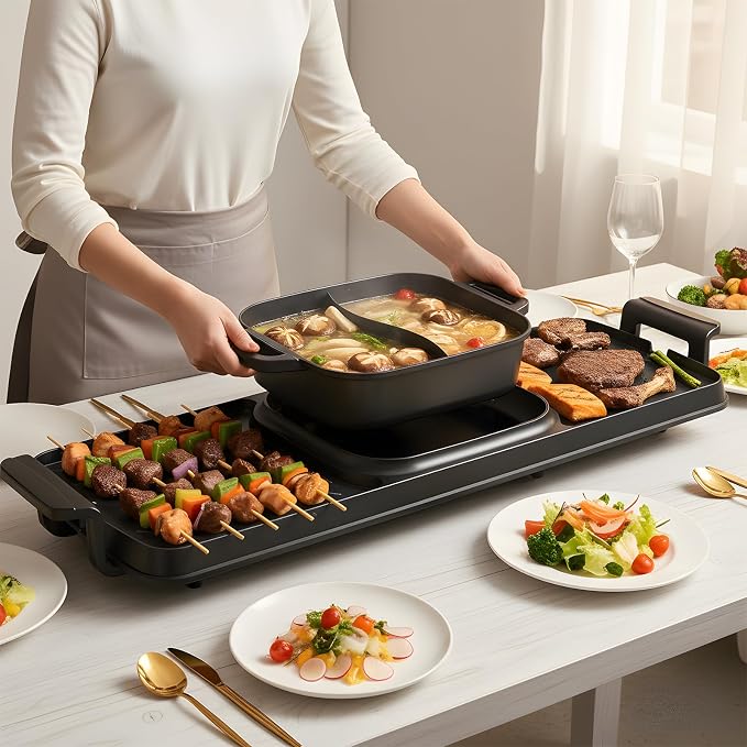 2250W Electric Grill and Hot Pot Combo, 29 x 9.5 Inch Smokeless Indoor BBQ Grill with Easy to Clean, Dual Zone Temperature Control, Includes Food Tongs, Oil Brush, Soup Spoon, Strainer Black