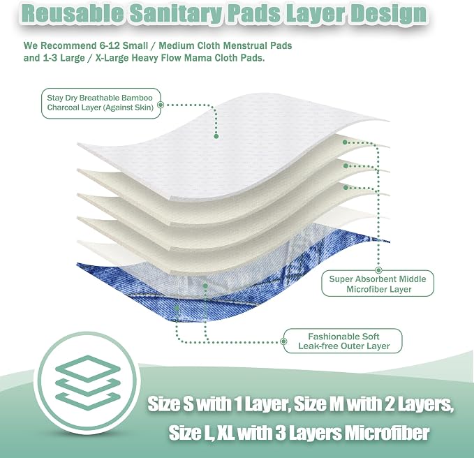 wegreeco Charcoal Reusable Menstrual Pads - Reusable Sanitary Pads | Reusable Panty Liners | Soft Cloth Menstrual Pad- 6 Pack with 1 Cloth Mini Wet Bag (Classic Jeans, Large)
