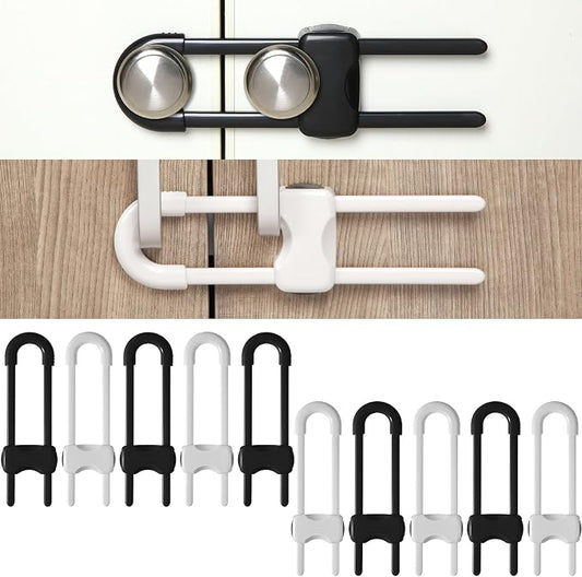 Jetec 10 Pack Baby Cabinet Locks, No Adhesive No Drill Child Safety Locks for Cabinets with Knobs or Handles, Adjustable U-Shaped Child Proof Latches for Cupboards, Fridge, Closet, Pets(White, Black)