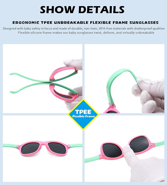 Polarized Baby Sunglasses with Strap - Unbreakable Flexible Infant Sunglasses for Toddlers Age 0-24 Months