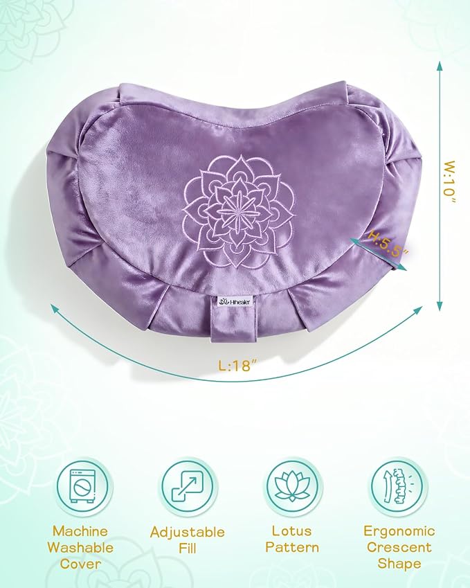 Hihealer Premium Crescent Meditation Cushion, Ergonomic Buckwheat Hull Floor Pillow for Adults, Comfortable Yoga Bolster for Meditation & Floor Sitting (Purple)