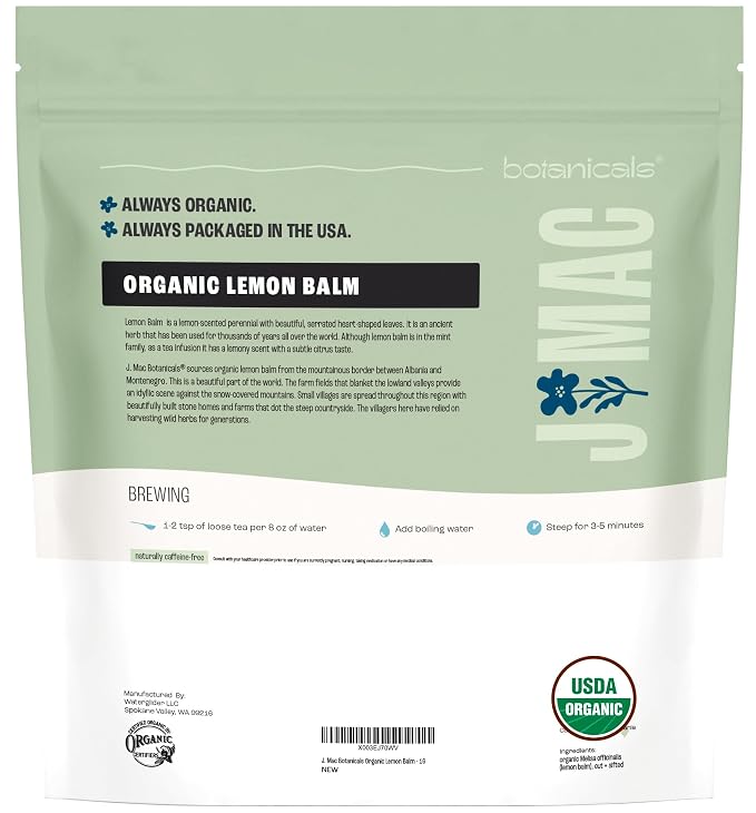 J Mac Botanicals Organic Lemon Balm (16 oz), Loose Leaf Tea, Dried, herbal Infusion, Lemonbalm leaves, melissa officinalis tea, Certified USDA Organic