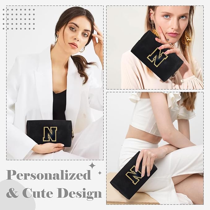 Personalized Initial A-Z Preppy Patch Makeup Bag,Small PU Chenille Letter Cosmetic Bag with Zipper for Teen Girls,Black Cute Toiletry Organizer Bag,Monogram Makeup Case Gift for Women Girls,Letter N
