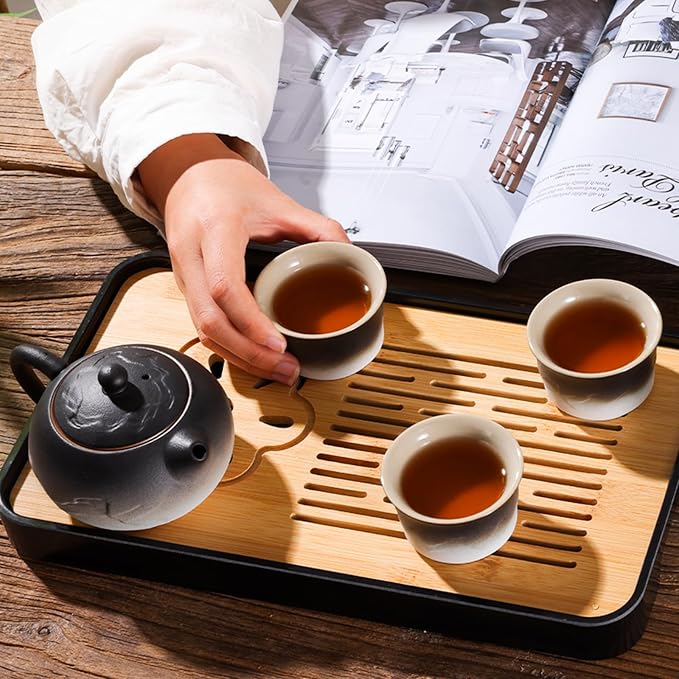 LURRIER Gongfu tea sets, Portable Ceramic TeaSet, Asian Tea sets for adult, Tea Gift sets, Grey leather case, Portable Travel Bag,Home,Gifting,Outdoor and Office(XBlack and White)