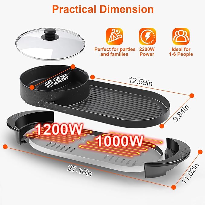 Hot Pot with Grill, 2 in 1 Korean BBQ Grill Shabu Shabu Hot Pot, 2200W Indoor Smokeless Hotpot Pot Combo Electric W/Large Baking Tray, Divider & Separate Dual Temperature Control for 2-12 People, 110V