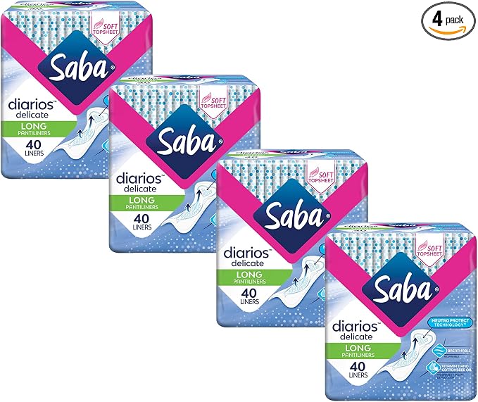SABA Diarios Long Delicate Pantiliners, Unscented, Breathable & Comfortable for Everyday Freshness, 4-Pack of 40 Pads (160 Count)