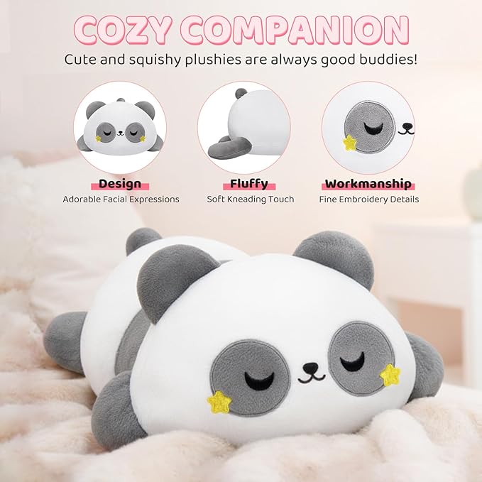 Cute Panda Plush Pillow, Kawaii Plushies Grey Panda Stuffed Animals, Squishy Plushies, Cuddle Plush Pillow for Kids & Girls (13 Inch)