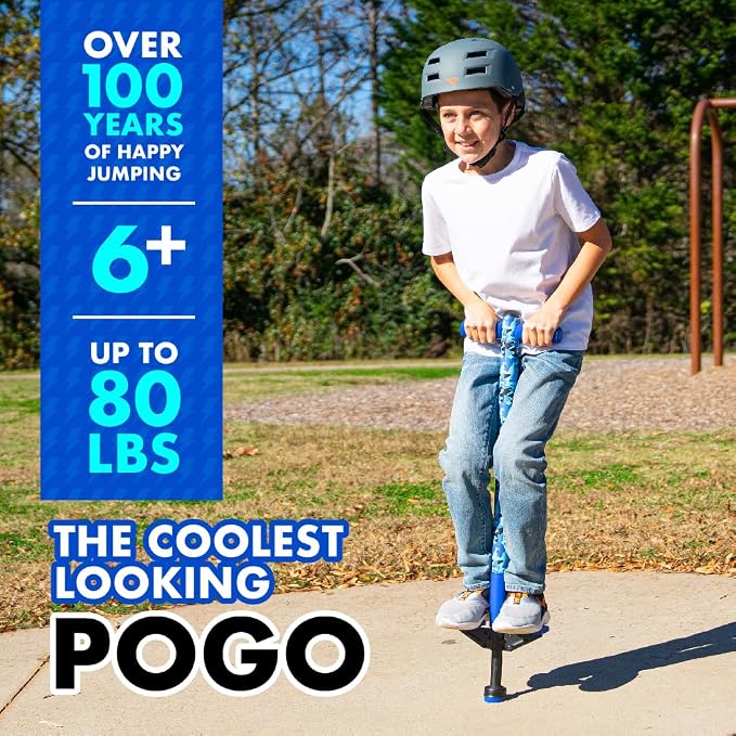 Flybar Jolt Pogo Stick for Kids, Perfect for Beginners w/ Foam-Covered Metal Frame, Handles & Padding, Non-Slip Foot Pads, Wide Tip, Outdoor Active Play Toy for Boys & Girls, Ages 6+, Blue Camo