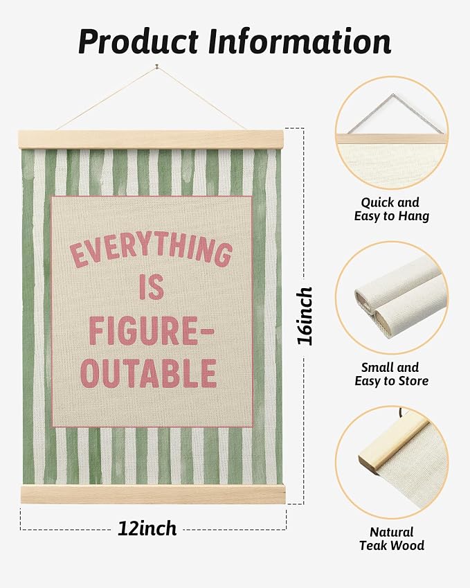 FGFK Preppy Pink and Green Everything Is Figureoutable Inspirational Framed hanging Canvas wall art Poster Prints office dorm room decor for women, Motivational posters decorations for home bedroom,12x16 Inch