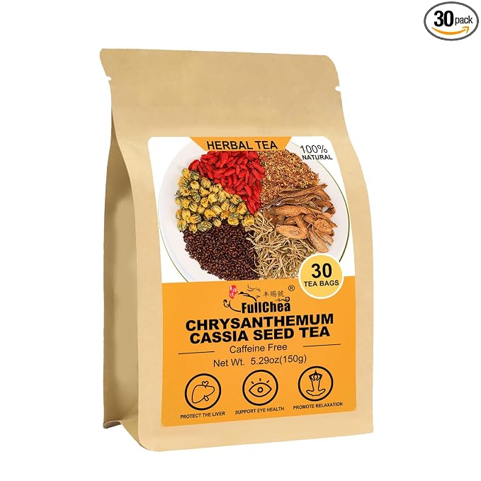 FullChea - Chrysanthemum Cassia Seed Tea Bag, 30 Pcs Teabags for Liver Detox Cleanse 5.29oz / 150g - Burdock Root, Goji Berries, Osmanthus, Dandelion, Licorice, Barley Chinese Herbal Tea