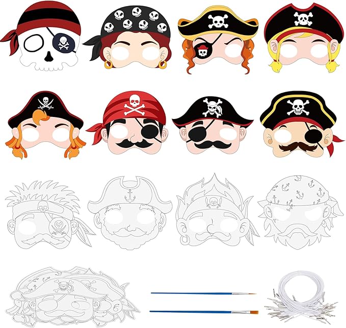 24 Pcs Pirates Craft for Kids Color Your Own Pirate Masks DIY Coloring Art and Crafts for Kids Art Project Pirate Theme Birthday Party School Activity Halloween Thanksgiving Cosplay Dress Up