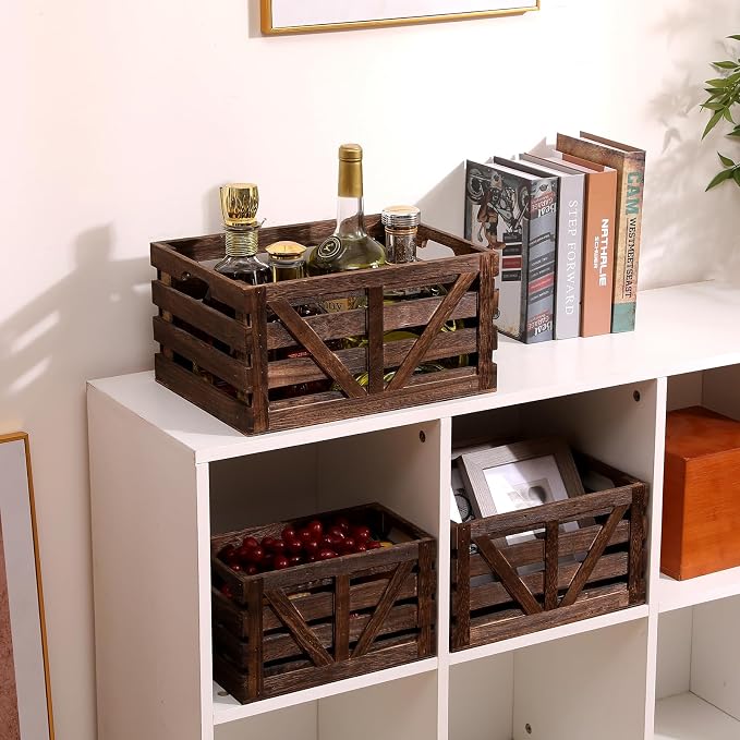 Nested Wooden Storage Crates Set of 3 (L,M,S),Rustic Wood Crate for Storage | Farmhouse Handmade Decorative Boxes with Handles for Home Organization & Display