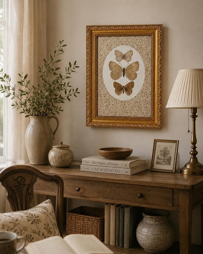 Vintage Butterfly Specimen Wall Art, Gold Framed Canvas Print | Vintage butterfly specimen wall art with gold frame, suitable for study room, office, and gallery wall decoration.