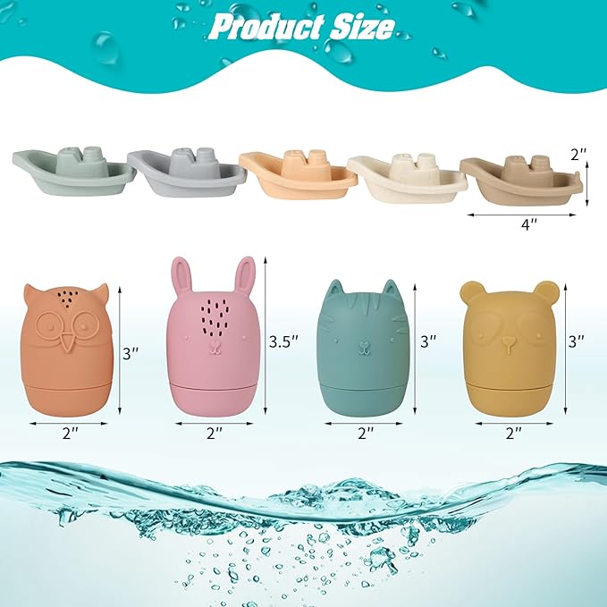 Bath Toys Floating Boats with Silicone Bathtub Toy,9 PCS Mold Free Baby Bath Toys for Infants 6-12-18 Months,Water Table Toy for Toddlers 1-3,Shower Toys Pool Toys for 1 2 3 4 Boys Girls Kids