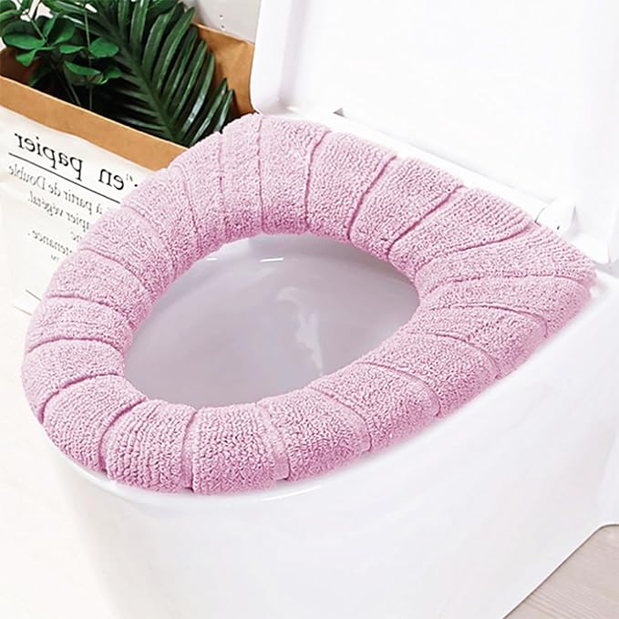 2 PCS Soft Thicker Plush Bathroom Toilet Seat Cover Pads Stretchable Washable Cloth Design for Universal Fit O/U/V/Rectangular Toilets (Lavender)