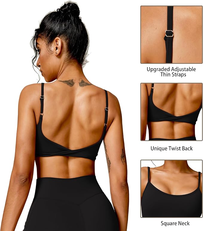QUOJIZY Sports Bras for Women Open Back Workout Tops for Women Yoga Bra Spaghetti Straps Twist Back