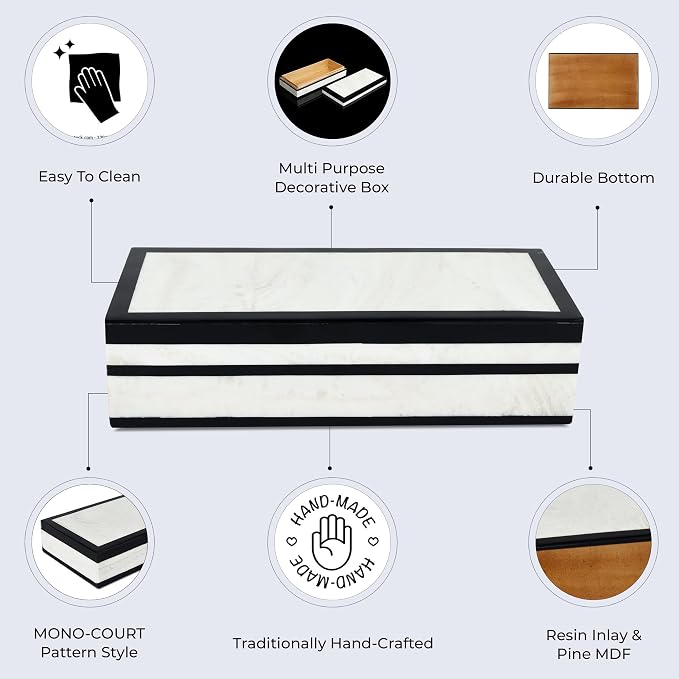 Handicrafts Home Decorative Storage Box with Lid – Black White Modern Keepsake Box, Coffee Table Storage Organizer, Decorative Box for Remotes, Desk & Console Decor – Mono Court 10 x 4.5 x 2.5