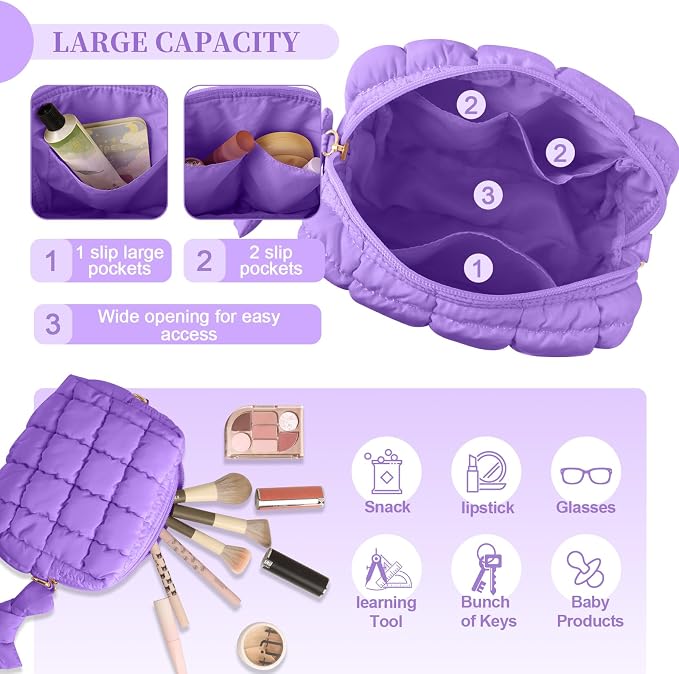 Puffer Quilted Makeup Bag Cosmetic Bags,Puffy Travel Toiletry Pouch for Women,Cute Checkered Zipper Bag Travel Essential,Portable Aesthetic Make up Organizer Bag for Gifts Work Daily(Purple,S)