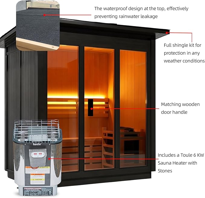 Outdoor Steam Sauna 3 Person, Canadian Hemlock Sauna Room with 6KW ETL Toule Heater, Traditional Backyard Sauna Spa with Asphalt Shingles, Luxury Sauna Accessories for Home & Garden