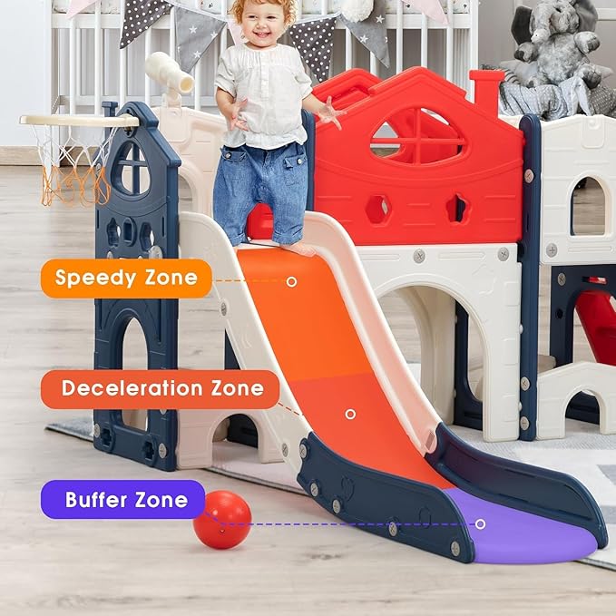 SANDINRAYLI 8-in-1 Indoor Toddler Slide, Kids Slide with Stairs, Outdoor Playground Slides for Kids 3-8, Freestanding Slides with Basketball Hoop, Telescope, Tunnel, and Storage for Boys & Girls