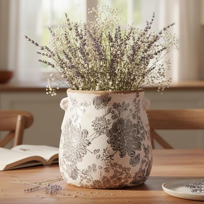 Tuscan Ceramic Planter & Vase, 6.68" Indoor/Outdoor Decorative Plant Pot | Unique Boho Flower Pot with Drainage, French Country Decor, Room & Home Ornament, Plant Gifts for Women, Vintage Grey