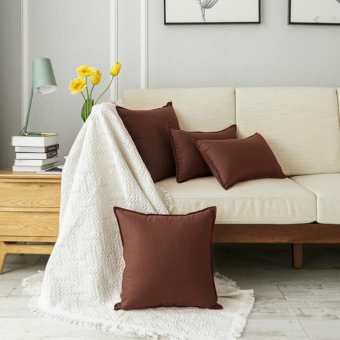 Jeanerlor 24" x 24" Natural Cotton Linen Soft Soild Decorative Square Throw Pillow Covers Green Set Cushion Case for Sofa Bedroom Car 60 x 60cm, Reddish Brown
