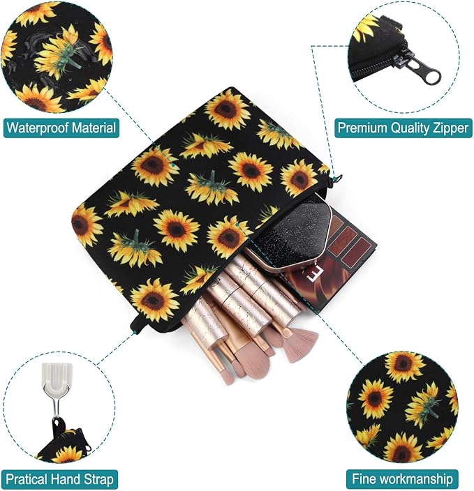 MAGEFY Sunflower Makeup Bag for Women, Portable Travel Cosmetic Bag with Black Zipper Pouch Waterproof Makeup Pouch Multifunctional Small Bag for Women (1 pack, sunflower 0173)