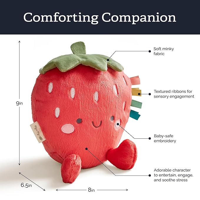 Itzy Ritzy Snuggles Plush Toy – Soft Stuffed Animal for Babies, Kids & Adults – Sensory Ribbons & Textured Fabrics for Tactile Play – Cozy & Cuddly Companion for Newborns & Up (Strawberry)