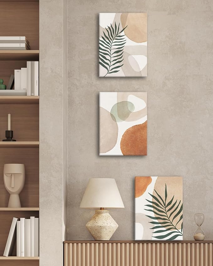 HesenDot Abstract Botanical Wall Art Set of 3, 30x40CM Neutral Plant Framed Canvas Prints, Beige Green Boho Aesthetic Wall Decor for Living Room Bedroom Bathroom Office Home