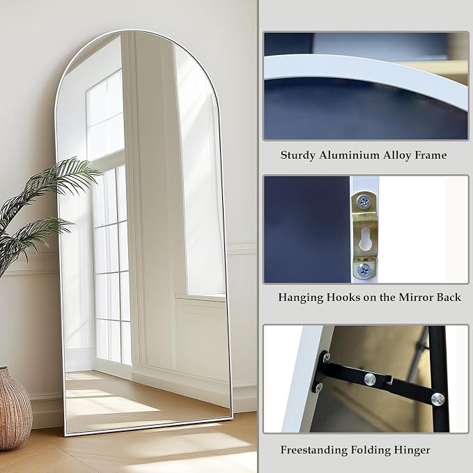 Dewfig Arched Full Length Mirror, 76"x34" Large Floor Mirror, White | Aluminum Alloy Frame Full Body Mirror, HD Shatterproof Tempered Glass, Lean/Stand/Wall for Living Room,Bedroom, Dressing Room