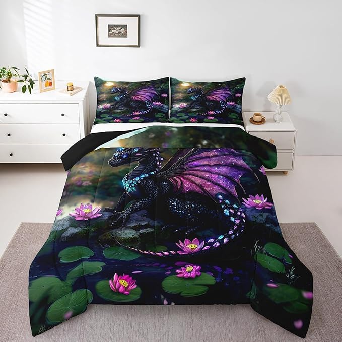 Feelyou Dragon Comforter Set Queen Size Dragon Stuff Comforter for Boys Girls Teens Wild Life Bedding Set Lotus Flower Duvet Set Room Decor Green Purple Quilt Set